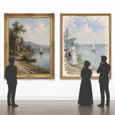 Gallery viewers look at a smooth traditional painting and a loose Impressionist painting.