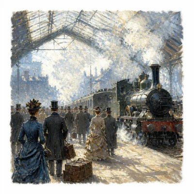 A steam-filled train station with people and light in an Impressionist style.