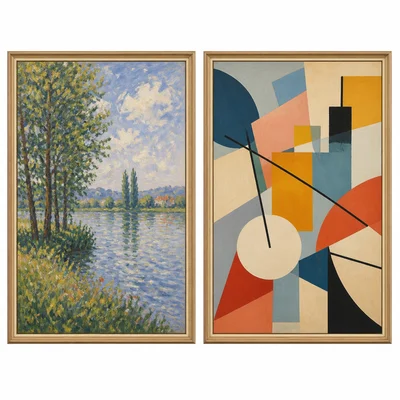 An Impressionist landscape beside a nonrepresentational abstract artwork.
