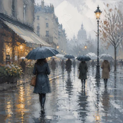 A rainy city street with umbrellas and reflections painted in an Impressionist style.