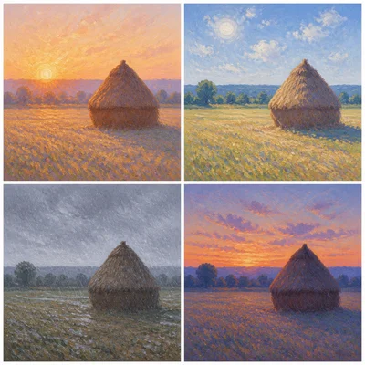 The same haystack scene shown in different light and weather conditions.