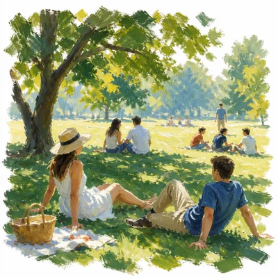 People relaxing in a sunlit park painted with loose Impressionist brushstrokes.