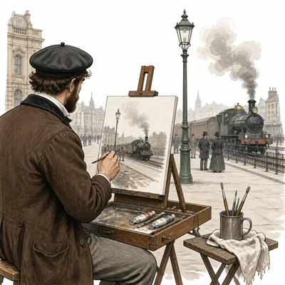 An outdoor painter with portable supplies near a steam train and city street.