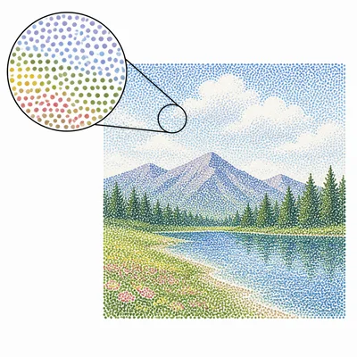 A dotted landscape with a magnified view of individual color dots.