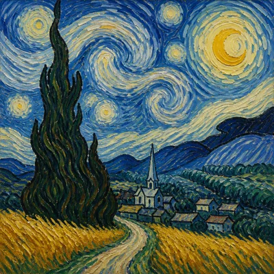 An expressive Post-Impressionist-style landscape with swirling sky and bold colors.