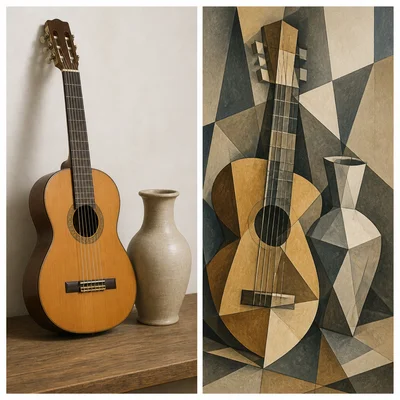 A realistic still life beside a Cubist still life with broken geometric viewpoints.