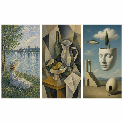 Three unlabeled examples of Impressionism, Cubism, and Surrealism.