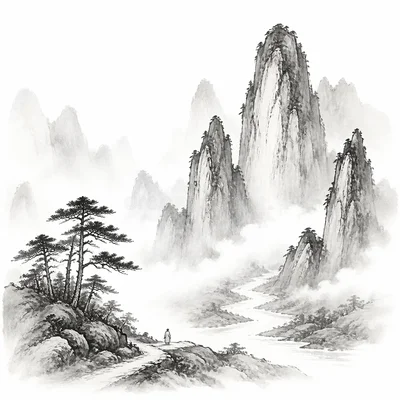 Misty mountain landscape with a tiny human figure, showing people as small within nature.
