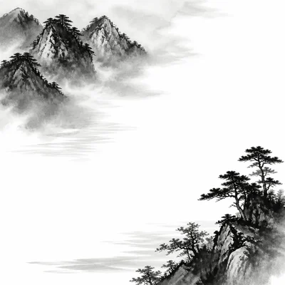 Ink landscape where blank white space suggests mist, sky, or water as part of the composition.