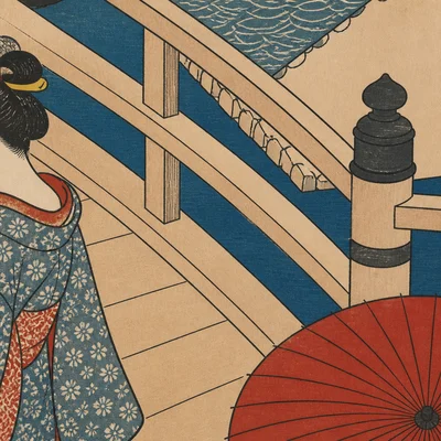 Ukiyo-e-style scene with bold outlines, flat colors, cropping, and asymmetrical composition.