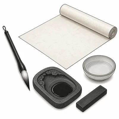 Traditional Chinese painting tools including brush, ink stick, inkstone, water dish, and paper.