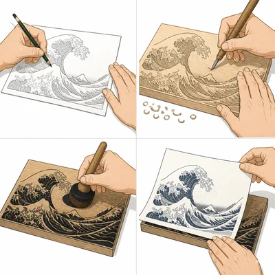 Four-step sequence showing drawing, carving, inking, and printing a Japanese woodblock print.