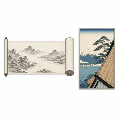 Comparison of a long Chinese handscroll landscape and a compact Japanese ukiyo-e print.