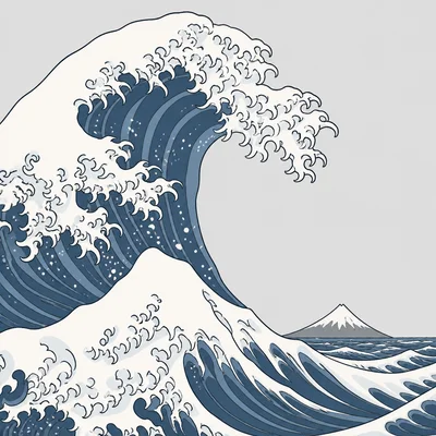 Large curling wave in the foreground with a small distant mountain, emphasizing scale contrast.