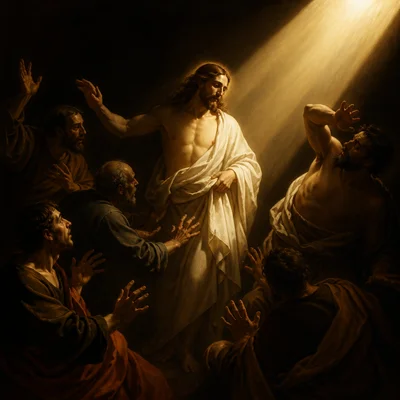 Simplified Baroque scene with dramatic lighting, deep shadows, twisting figures, and diagonal movement.