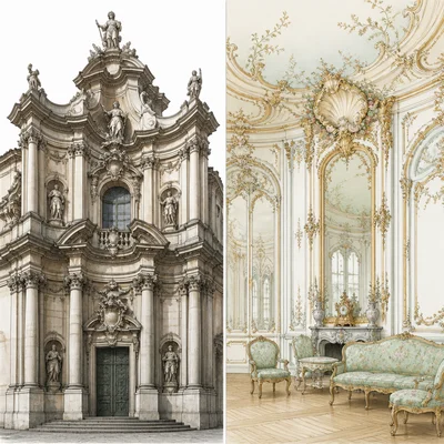 Comparison of a grand Baroque church facade and a decorative Rococo salon interior.