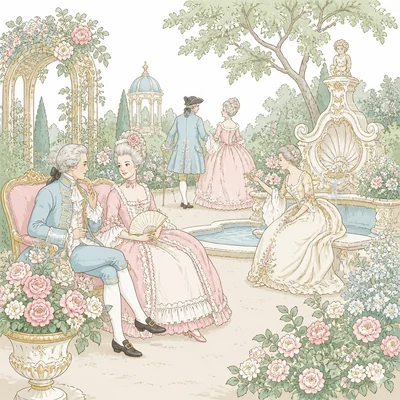 Simplified Rococo garden scene with pastel colors, elegant figures, flowers, and curving decorative forms.