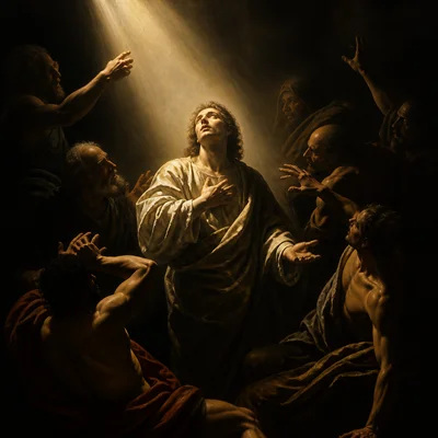 Dramatically lit saint-like figure surrounded by deep shadows and intensely gesturing figures.