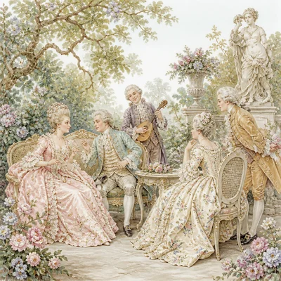 Elegant figures in a pastel garden with flowers, curving trees, and a playful Rococo mood.