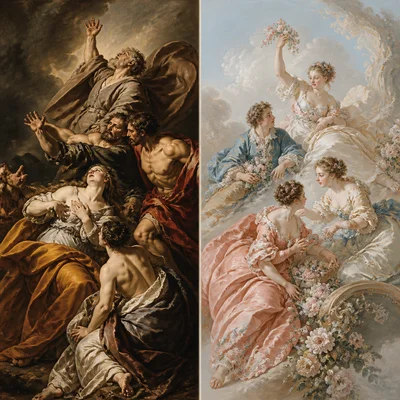 Side-by-side comparison of forceful Baroque movement and graceful Rococo movement.
