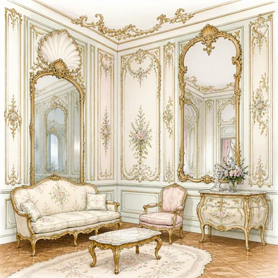 Rococo salon interior with pale colors, gold ornament, mirrors, shell shapes, and curved floral designs.