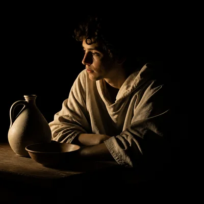 Tenebrism example showing a figure lit by a strong side light against deep darkness.