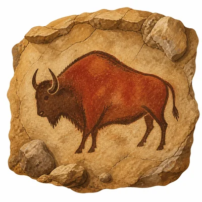 A cave wall painting of a large bison in earthy colors.