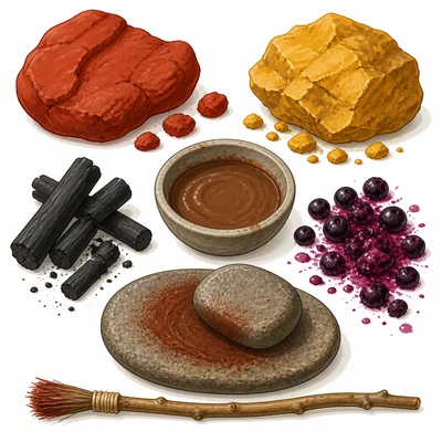 Natural materials like clay, charcoal, berries, and stones used to make paint.