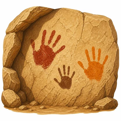 Three earthy-colored handprints painted on a cave wall.