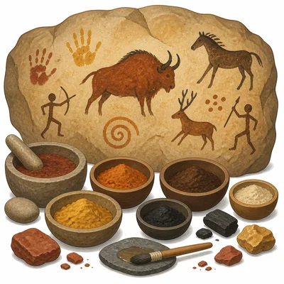 Earthy natural pigments beside a simple cave painting.