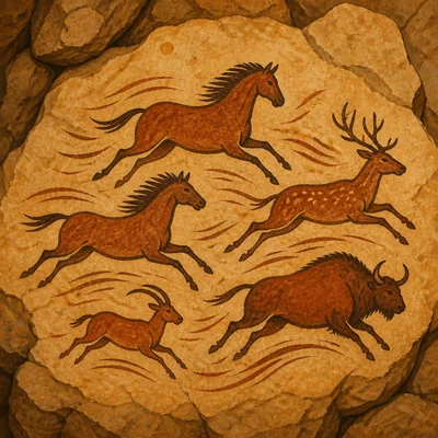 A cave painting showing a group of animals running.