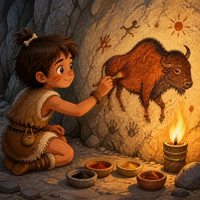 A prehistoric artist painting on a cave wall with natural pigment.