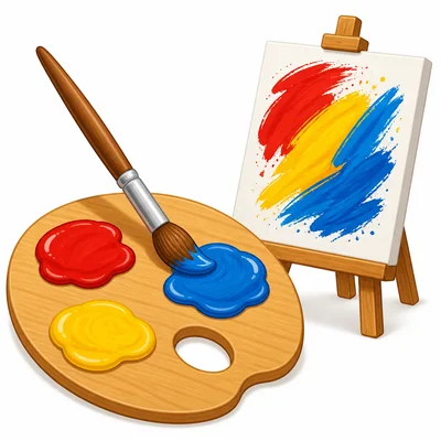 Paint palette with red, yellow, and blue paint and a small painted canvas.