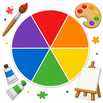 Unlabeled color wheel with art tools for choosing a color.