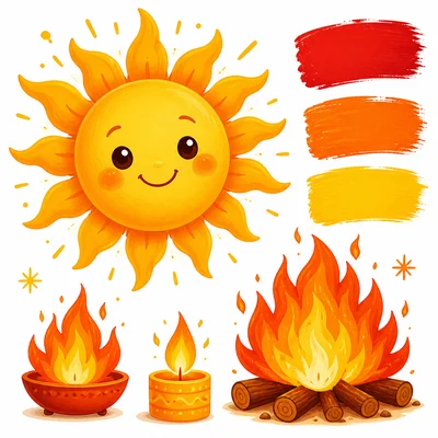 Warm colors shown with a sun, flames, and red, orange, and yellow paint swatches.
