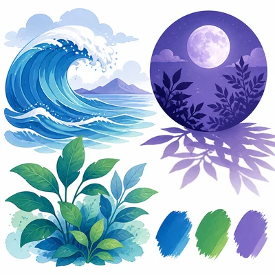 Cool colors shown with a wave, plant, purple shadows, and blue, green, and purple paint swatches.