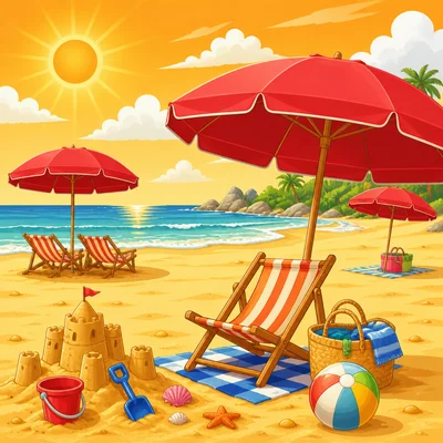 Sunny beach with yellow sand, orange sunlight, and red umbrellas.