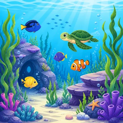 Ocean scene with blue water, green seaweed, and purple shadows.