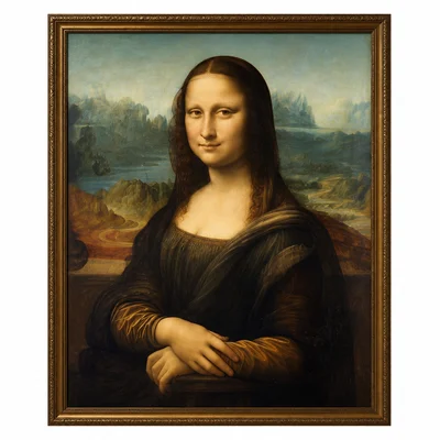 A simplified portrait of a seated woman with folded hands and a gentle smile.