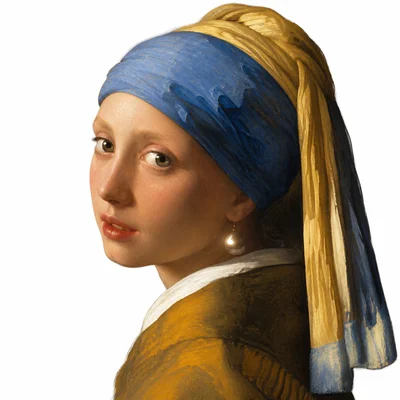 A girl in a headscarf wears a shiny pearl earring.