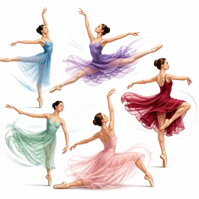 Ballet dancers move gracefully, showing motion and balance.