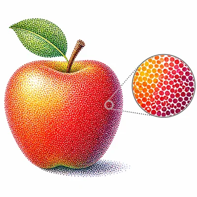 An apple image made from many tiny colored dots with a magnified dot detail.