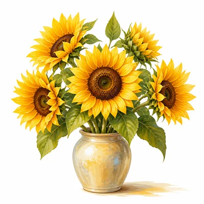 A vase of bright yellow sunflowers with green leaves.