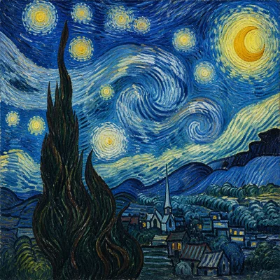 A swirling night sky with bright stars, a crescent moon, hills, a village, and a cypress tree.