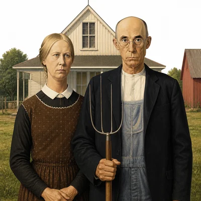Two people stand in front of a farmhouse, with the man holding a pitchfork.