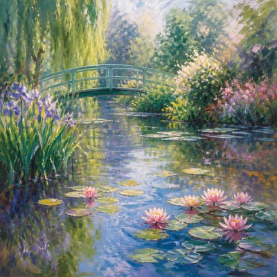 A soft impressionist pond with water lilies and colorful reflections.