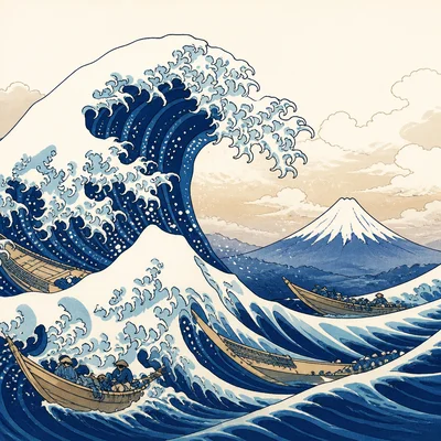 A large curling ocean wave with foam, small boats, and a distant mountain.