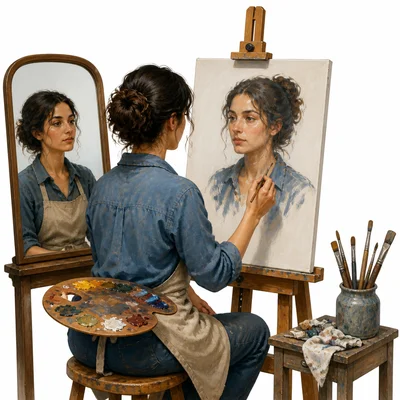 An artist paints their own portrait while looking in a mirror.