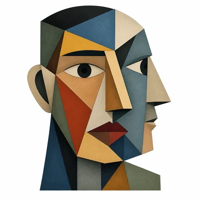 A cubist face made from geometric shapes and multiple viewpoints.