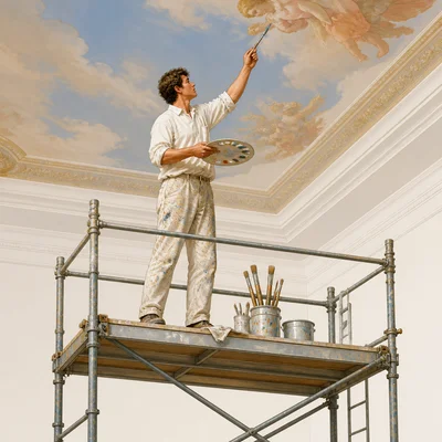 An artist on a scaffold reaches up to paint a ceiling.